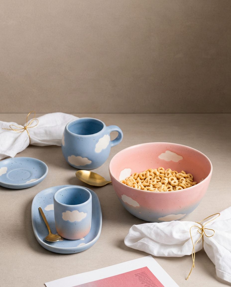 Rosa und blaues Mini-Tablett Cute aus Steinzeugkeramik Egg Back Home